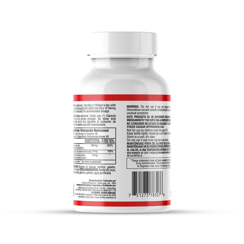 Vitamina C 500 mg + Zinc + Rosa Mosqueta | 60 cápsulas blandas