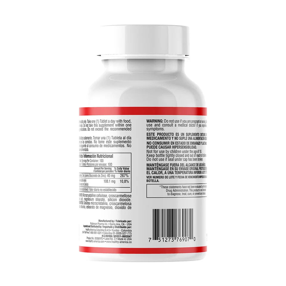 CHELATED ZINC 40 MG 100 TABLETS (AS ZINC GLUCONATE 278MG)