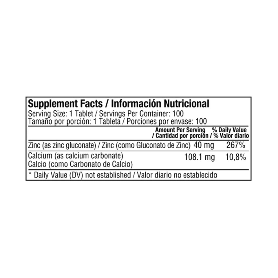 CHELATED ZINC 40 MG 100 TABLETS (AS ZINC GLUCONATE 278MG)