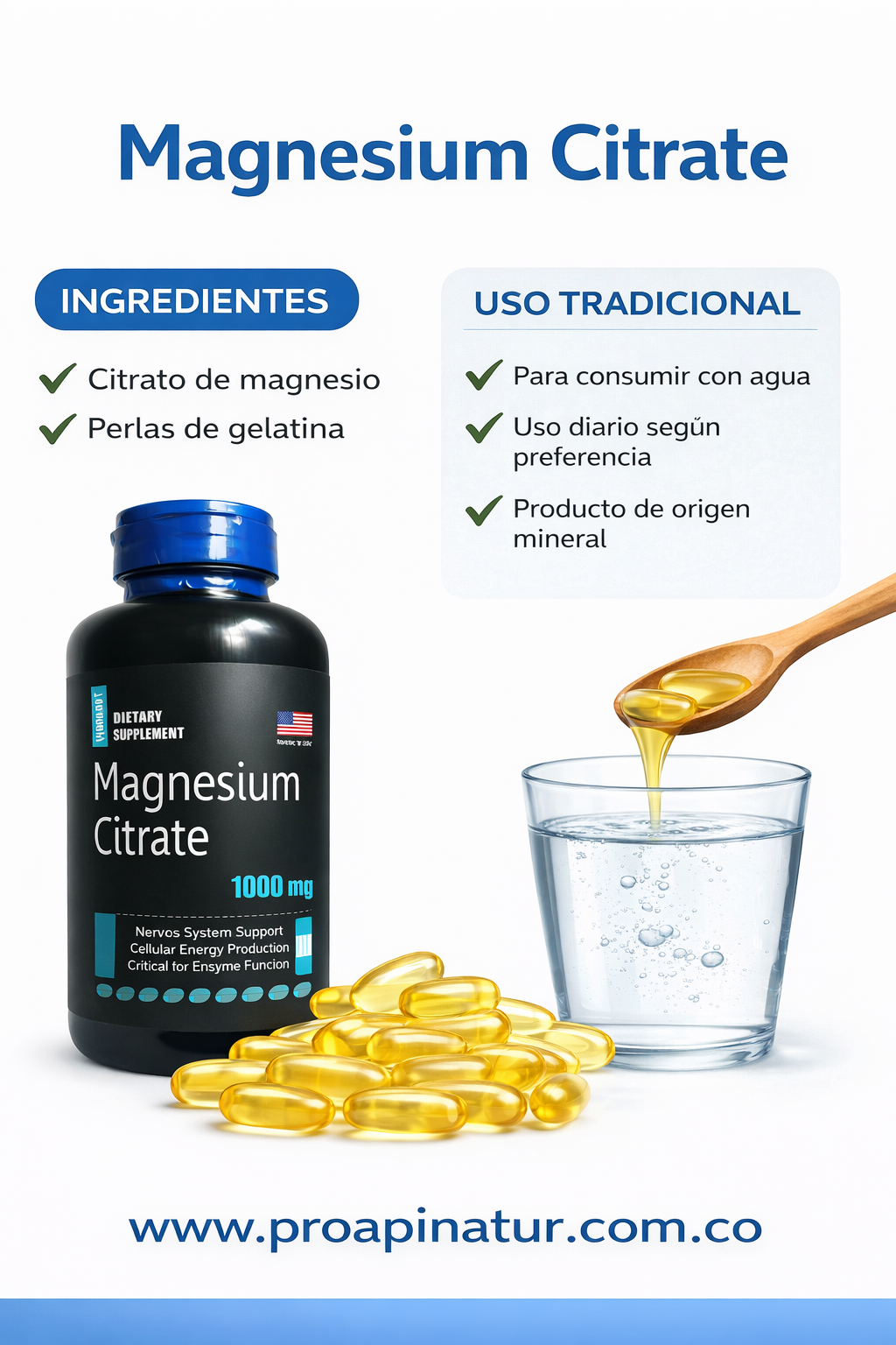 Magnesio Citrato 1000 mg en Perlas | Suplemento Mineral | Proapinatur
