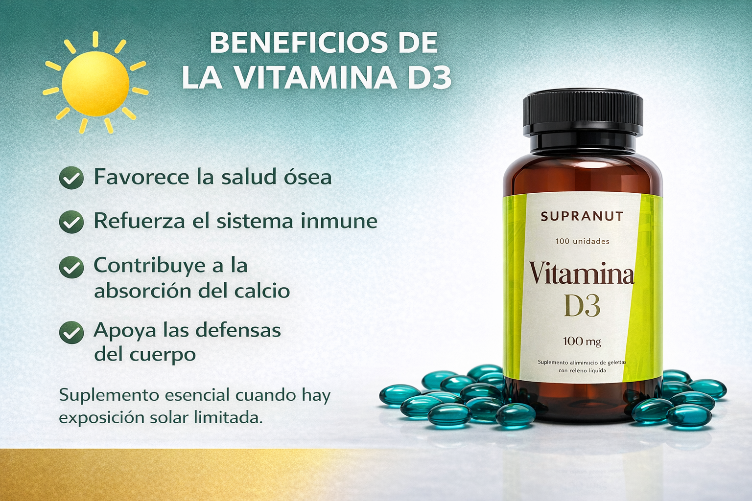 Vitamina D3 Supranut 100 mg – Apoyo Inmunológico y Salud Ósea – 100 Unidades