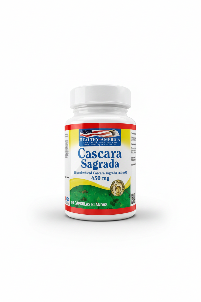 Tarro original de Cáscara Sagrada 450 mg sobre fondo blanco