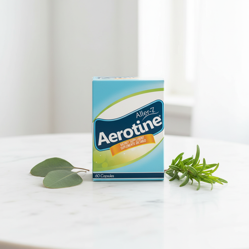 Aerotine 60 Cápsulas - Suplemento Dietario sobre mármol con eucalipto